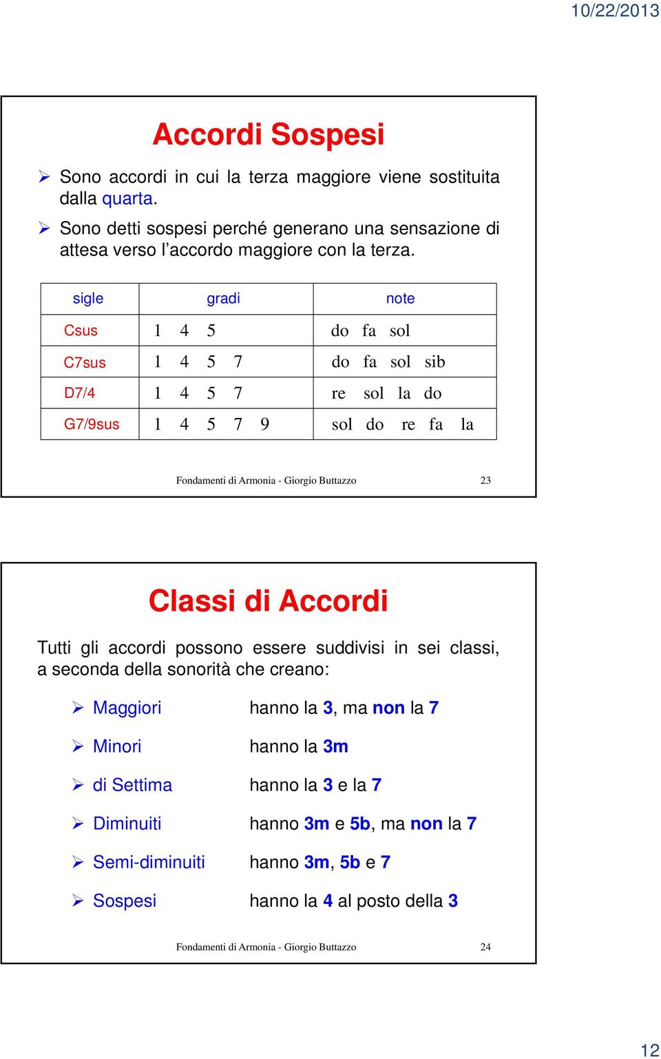 sigle gradi note Csus 1 4 do fa sol Csus 1 4 do fa sol sib D/4 1 4 re sol la do G/9sus 1 4 9 sol do re fa la Fondamenti di Armonia - Giorgio Buttazzo 2 Classi di