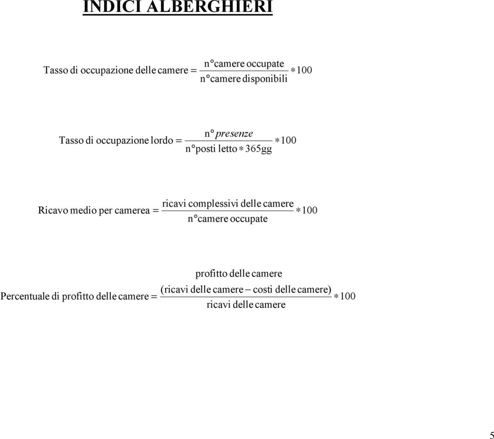 camerea ricavi complessivi delle camere camere occupate 100 Percentuale di profitto