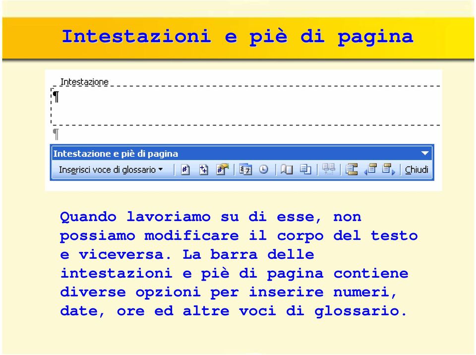 La barra delle intestazioni e piè di pagina contiene diverse