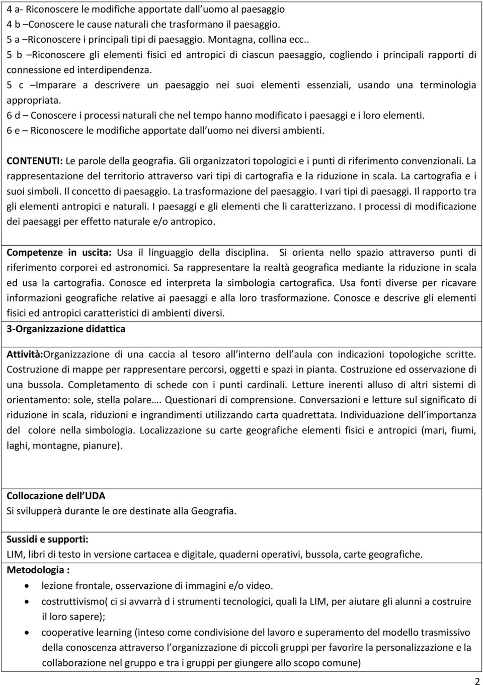 5 c Imparare a descrivere un paesaggio nei suoi elementi essenziali, usando una terminologia appropriata. 6 d Conoscere i processi naturali che nel tempo hanno modificato i paesaggi e i loro elementi.