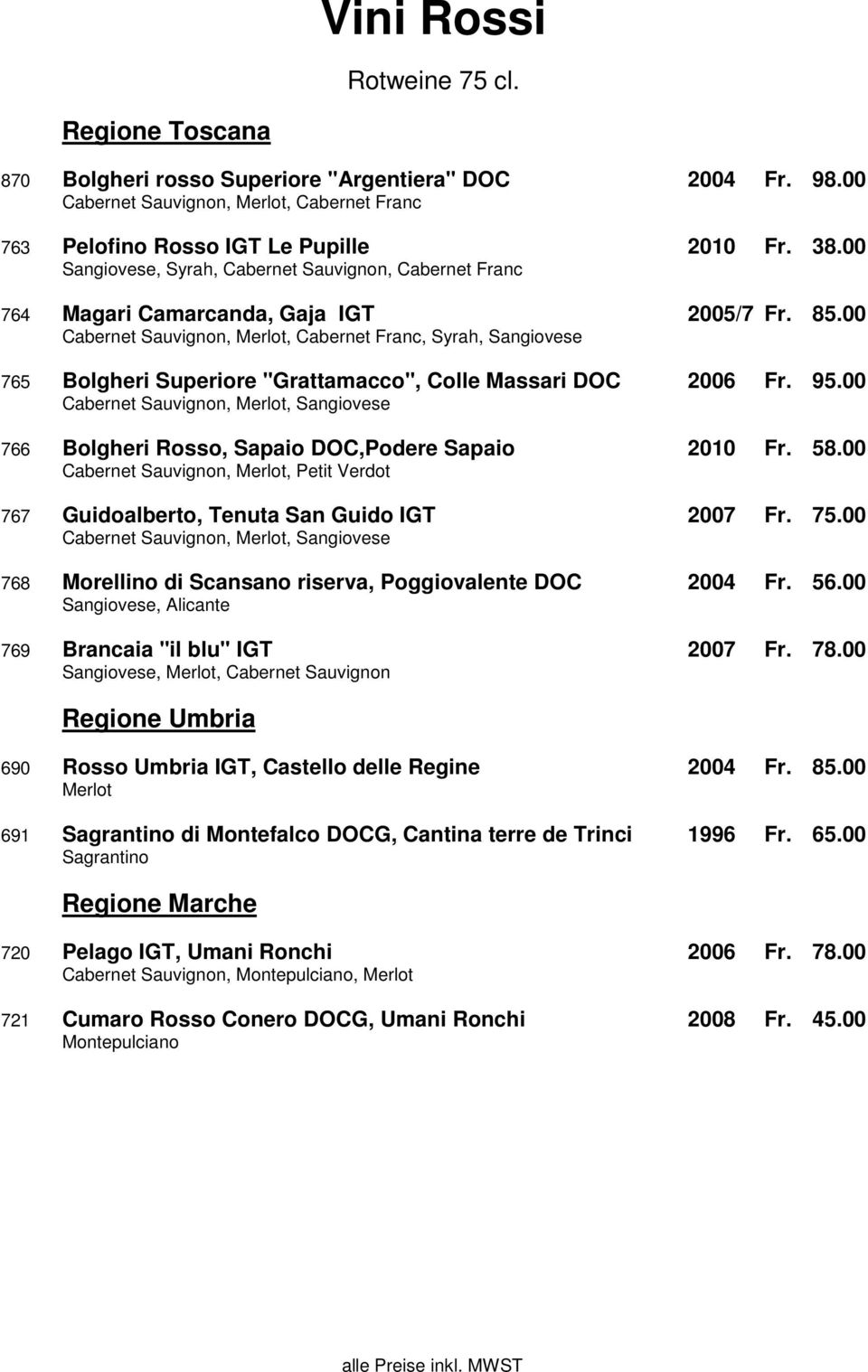 00 Cabernet Sauvignon, Merlot, Cabernet Franc, Syrah, Sangiovese 765 Bolgheri Superiore "Grattamacco", Colle Massari DOC 2006 Fr. 95.