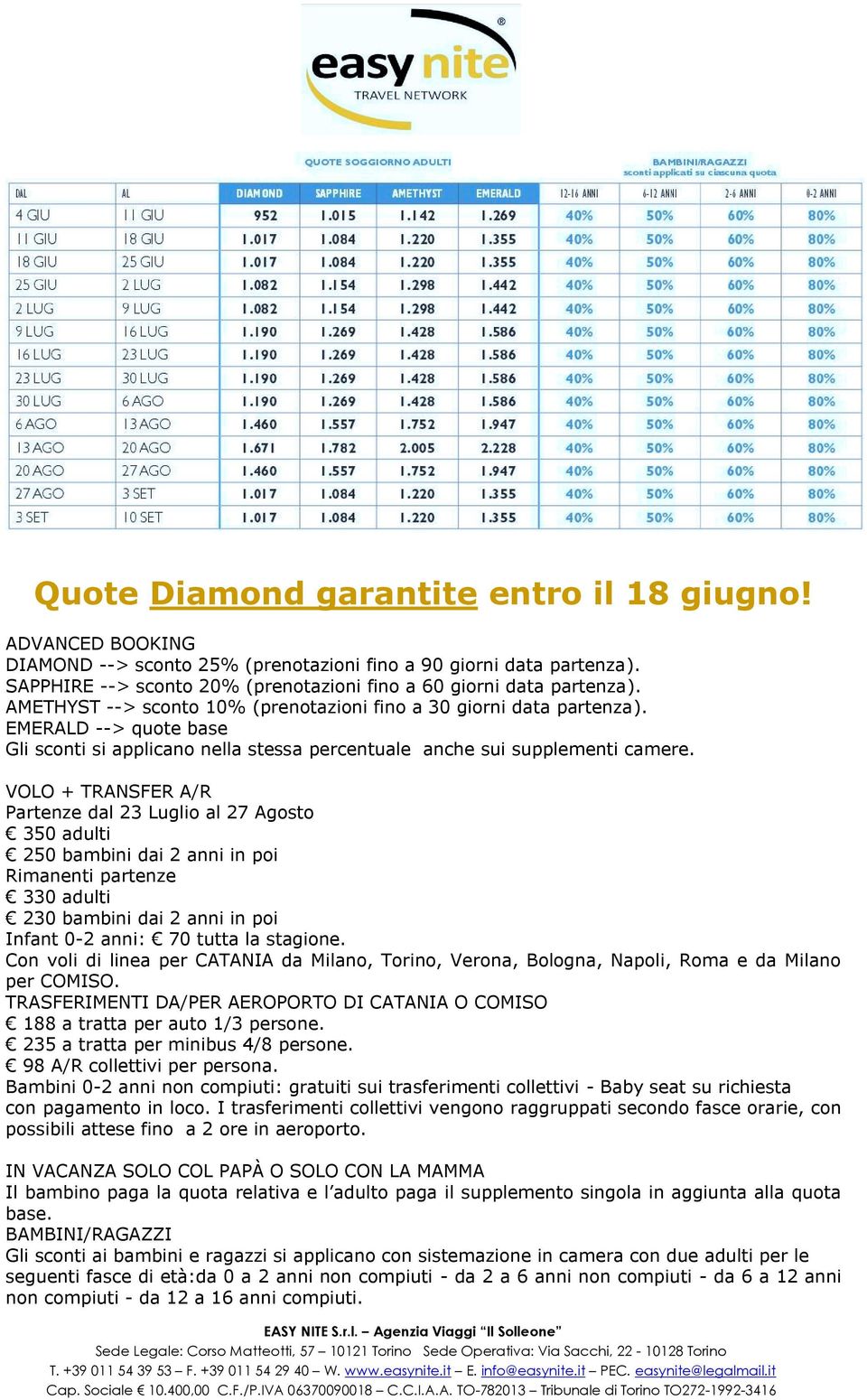 EMERALD --> quote base Gli sconti si applicano nella stessa percentuale anche sui supplementi camere.