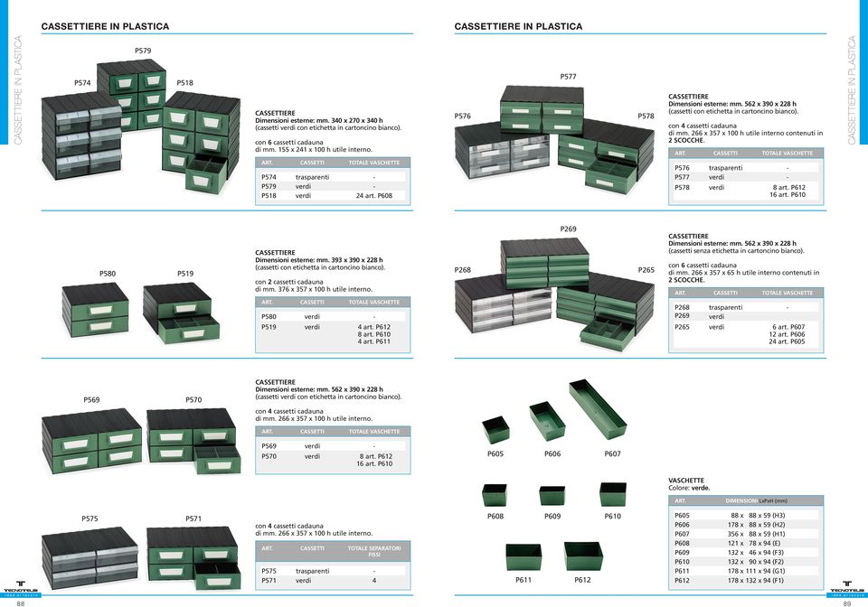 P608 P576 - P577 - P578 8 art. P612 16 art. P610 P580 P519 Dimensioni esterne: mm. 393 x 390 x 228 h con 2 cassetti cadauna di mm. 376 x 357 x 100 h utile interno.