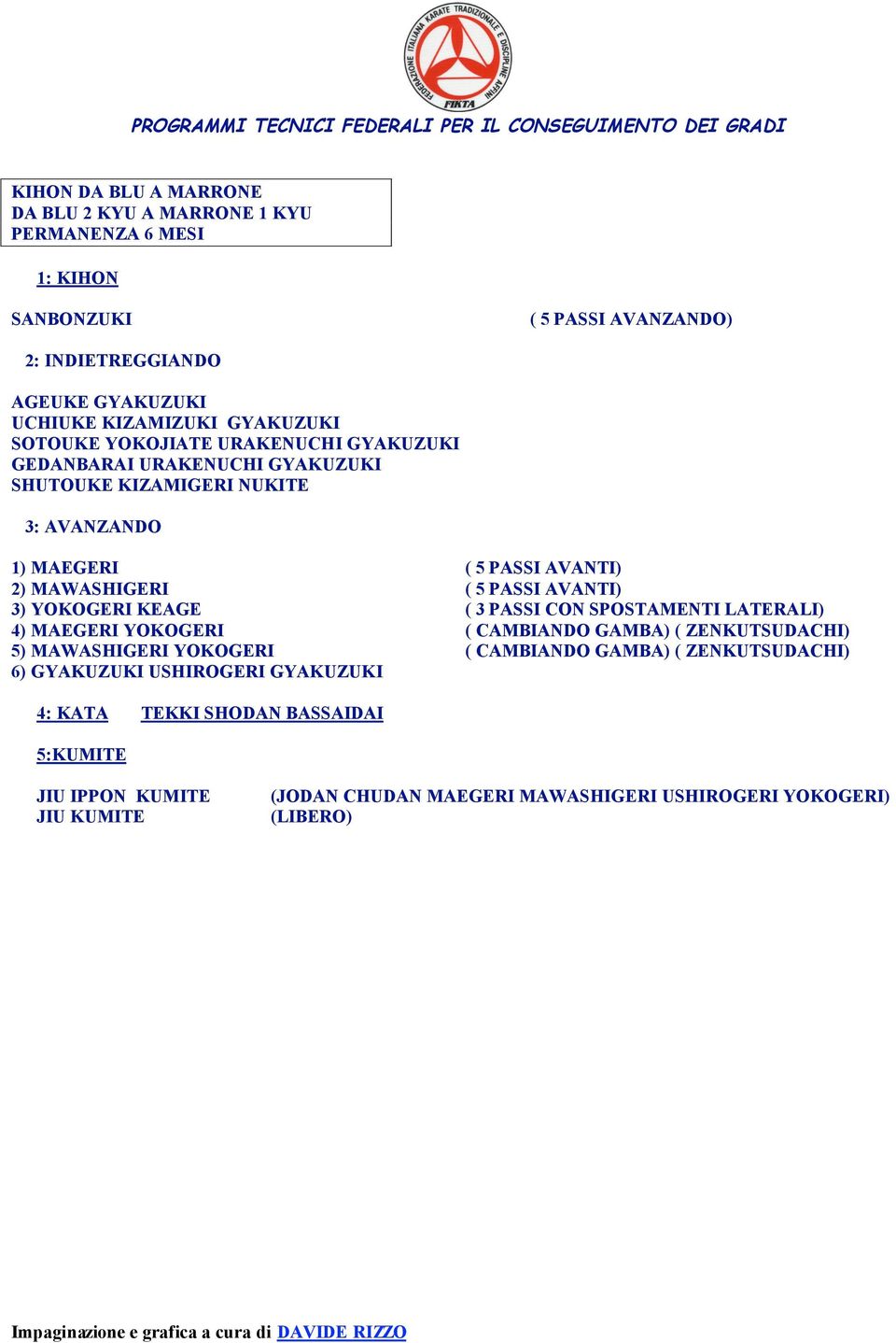 AVANTI) 3) YOKOGERI KEAGE ( 3 PASSI CON SPOSTAMENTI LATERALI) 4) MAEGERI YOKOGERI ( CAMBIANDO GAMBA) ( ZENKUTSUDACHI) 5) MAWASHIGERI YOKOGERI ( CAMBIANDO GAMBA) (