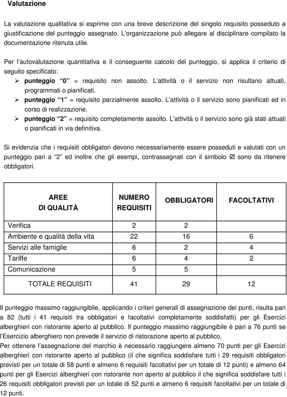 Per l autovalutazione e il conseguente calcolo del punteggio, si applica il criterio di seguito specificato: punteggio 0 = requisito non assolto.