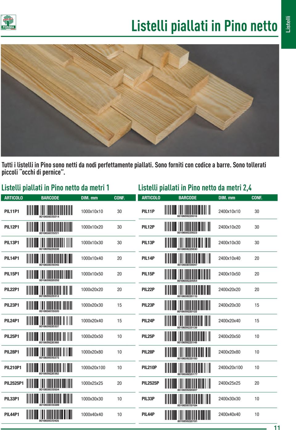 PIL11P1 1000x10x10 30 Listelli piallati in Pino netto da metri 2,4 ARTICOLO BARCODE DIM. mm CONF.