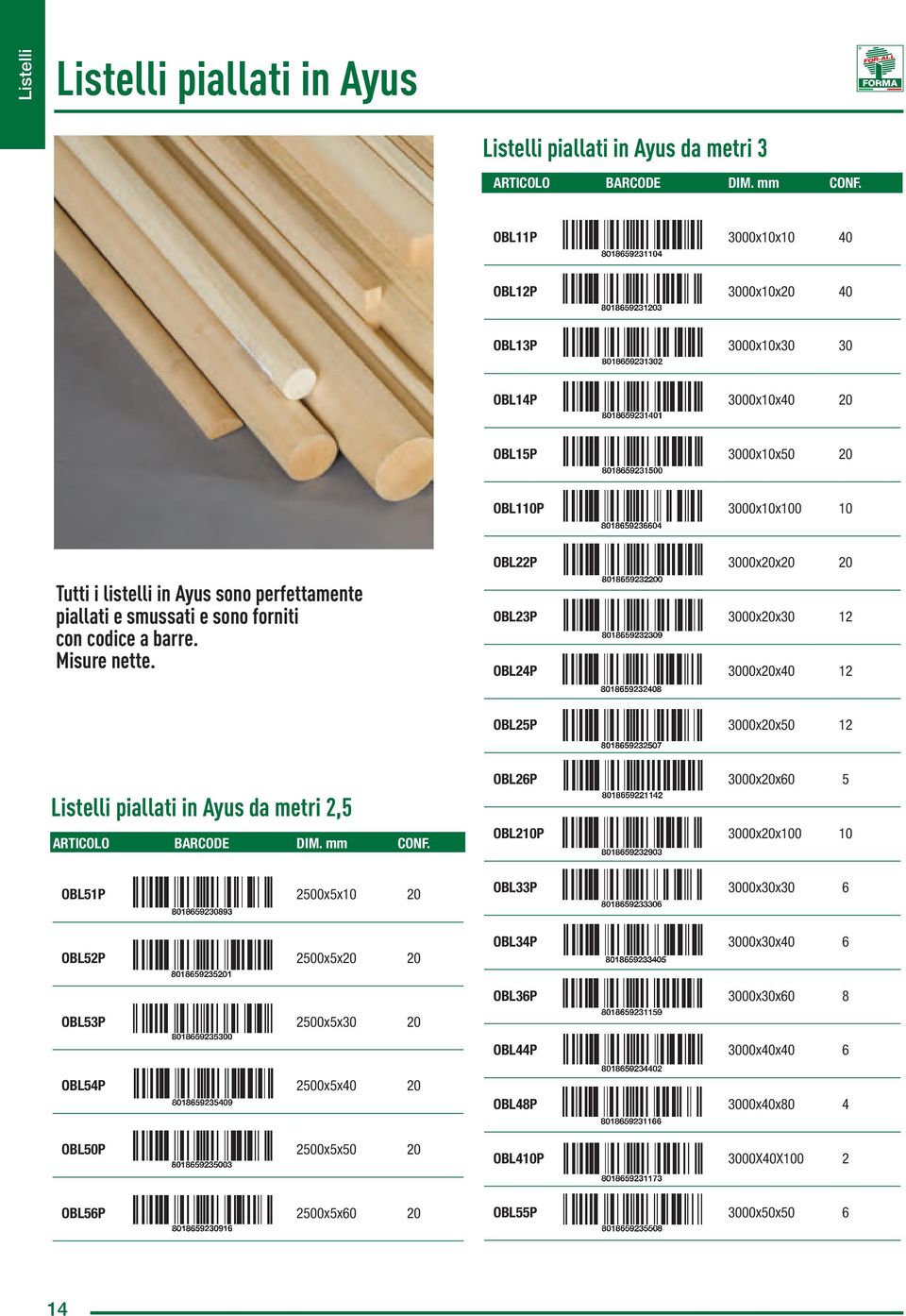 forniti con codice a barre. Misure nette. OBL22P 3000x20x20 20 OBL23P 3000x20x30 12 OBL24P 3000x20x40 12 OBL25P 3000x20x50 12 Listelli piallati in Ayus da metri 2,5 ARTICOLO BARCODE DIM. mm CONF.