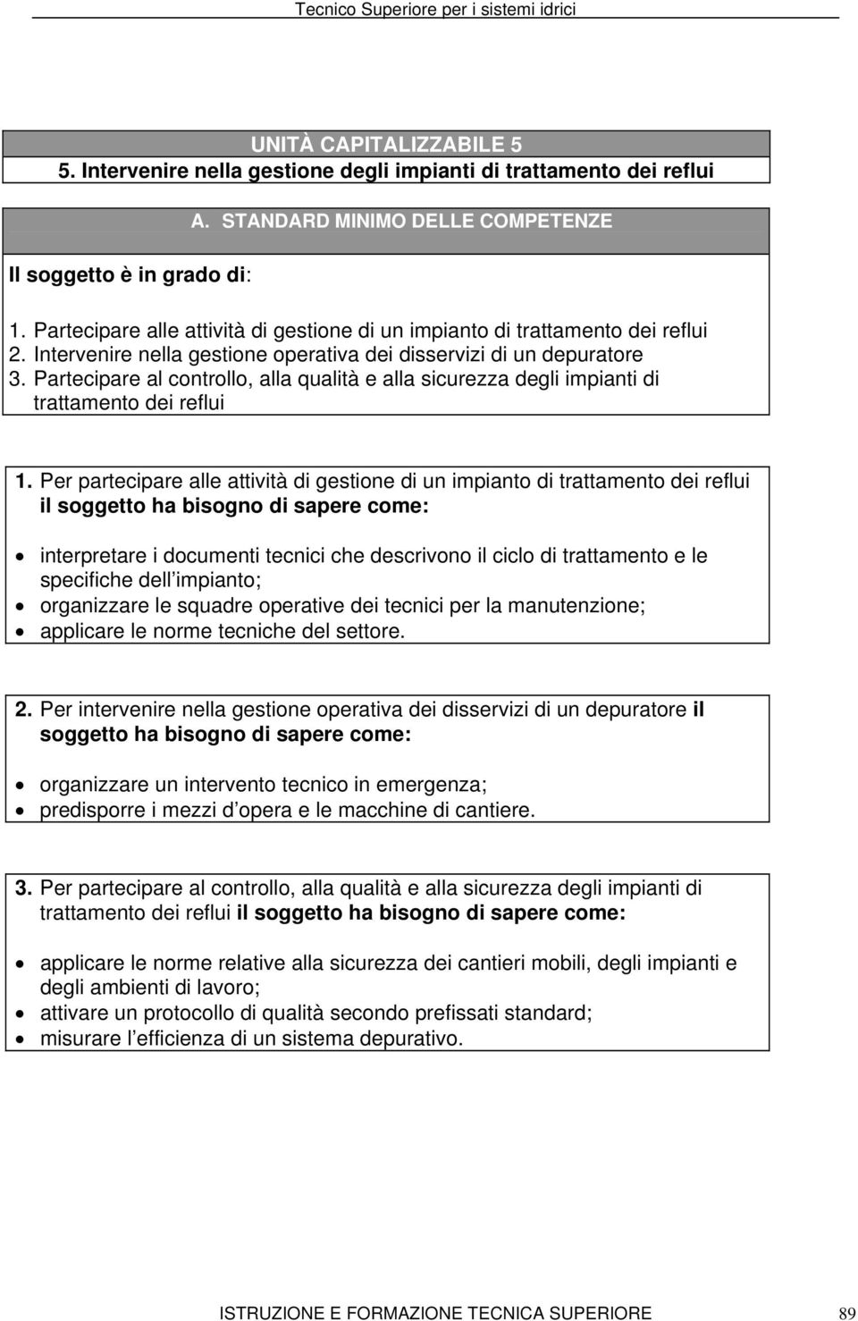 Partecipare al controllo, alla qualità e alla sicurezza degli impianti di trattamento dei reflui 1.