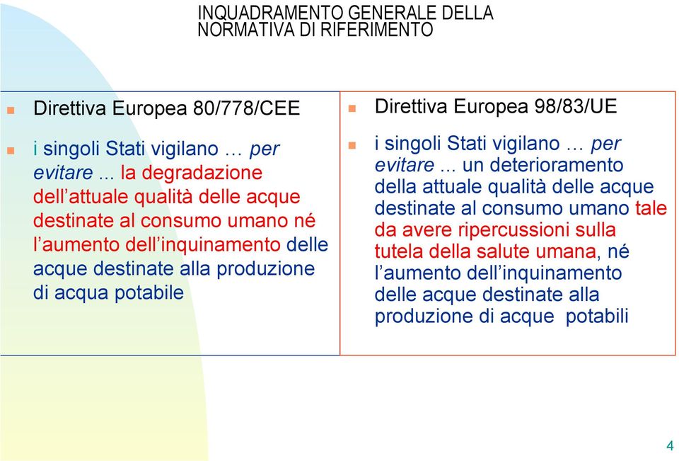 alla produzione di acqua potabile Direttiva Europea 98/83/UE i singoli Stati vigilano per evitare.