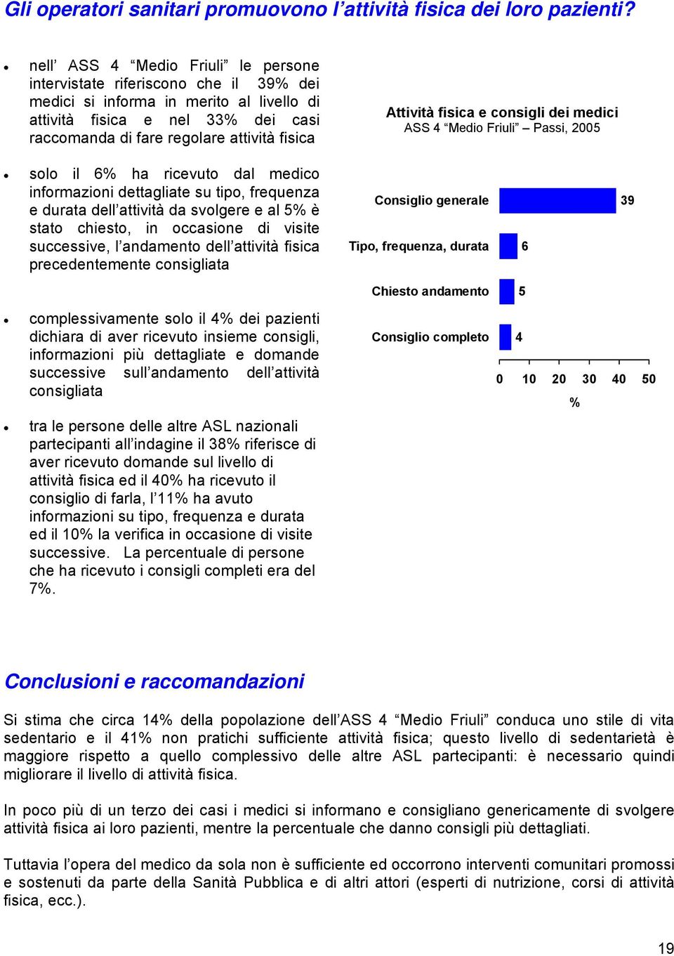 Attività fisica e consigli dei medici ASS 4 Medio Friuli Passi, 2005 solo il 6% ha ricevuto dal medico informazioni dettagliate su tipo, frequenza e durata dell attività da svolgere e al 5% è stato