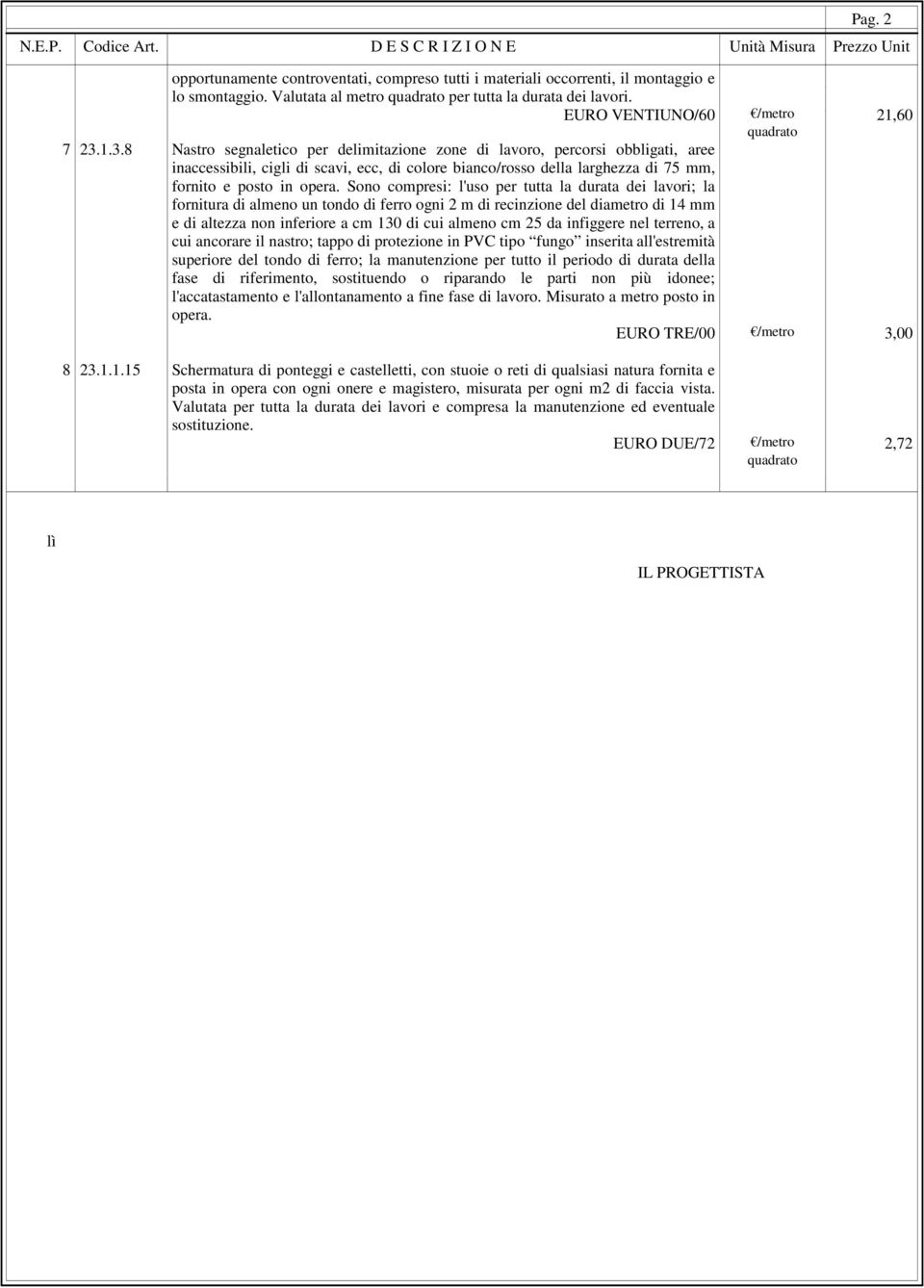 1.3.8 Nastro segnaletico per delimitazione zone di lavoro, percorsi obbligati, aree inaccessibili, cigli di scavi, ecc, di colore bianco/rosso della larghezza di 75 mm, fornito e posto in opera.