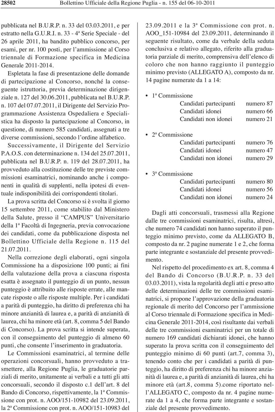 Espletata la fase di presentazione delle domande di partecipazione al Concorso, nonché la conseguente istruttoria, previa determinazione dirigenziale n. 127 del 30.06.2011, pubblicata nel B.U.R.P. n. 107 del 07.