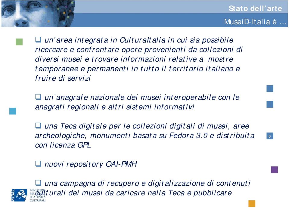 sistemi informativi Stato dell arte MuseiD-Italia è una Teca digitale per le collezioni digitali di musei, aree archeologiche, monumenti basata su Fedora 3.