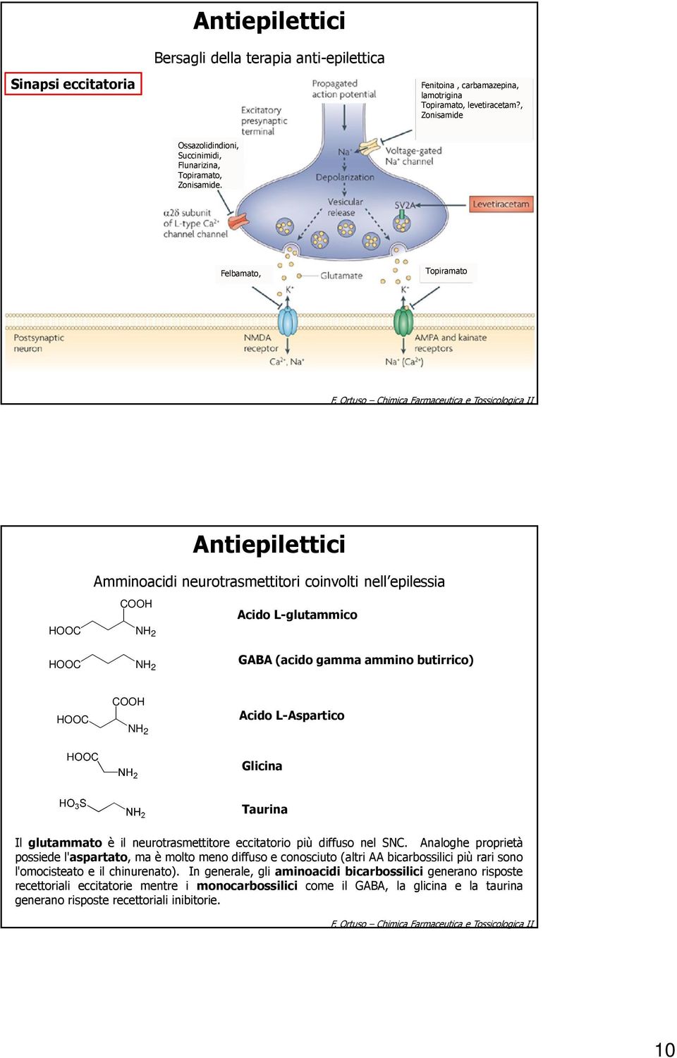 rtuso Chimica Farmaceutica e Tossicologica II Amminoacidi neurotrasmettitori coinvolti nell epilessia C Acido L-glutammico C 2 C 2 GABA (acido gamma ammino butirrico) C C 2 Acido L-Aspartico Glicina