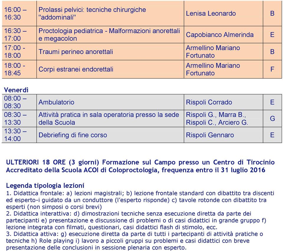 Debriefing di fi corso Rispoli ennaro E ULTERIORI 18 ORE (3 giorni) ormazio sul Campo presso un Centro di Tirocinio Accreditato ACOI di Coloproctologia, frequenza entro il 31 luglio 2016 Legenda