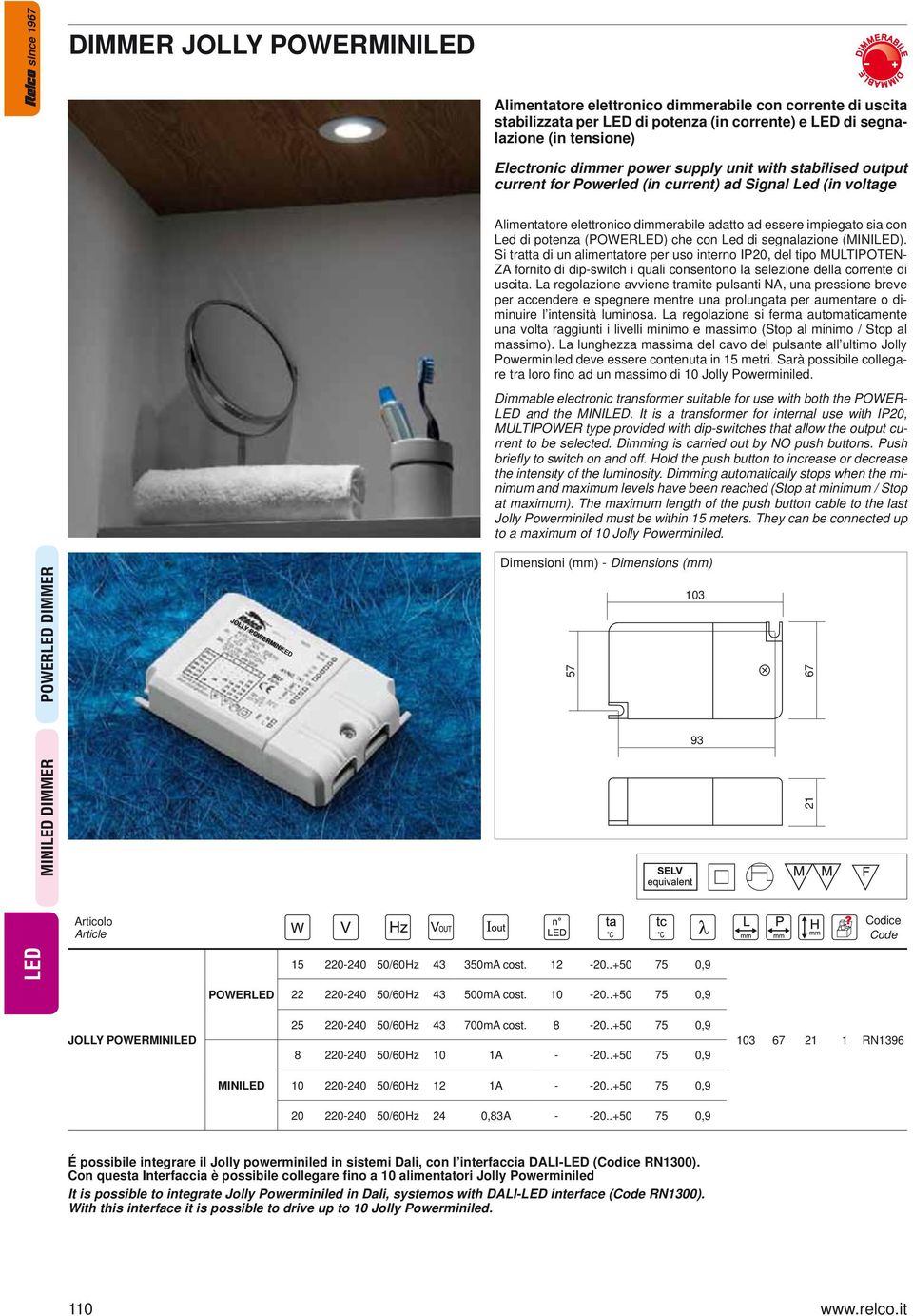 con Led di segnalazione (MINI). Si tratta di un alimentatore per uso interno IP20, del tipo MULTIPOTEN- ZA fornito di dip-switch i quali consentono la selezione della corrente di uscita.