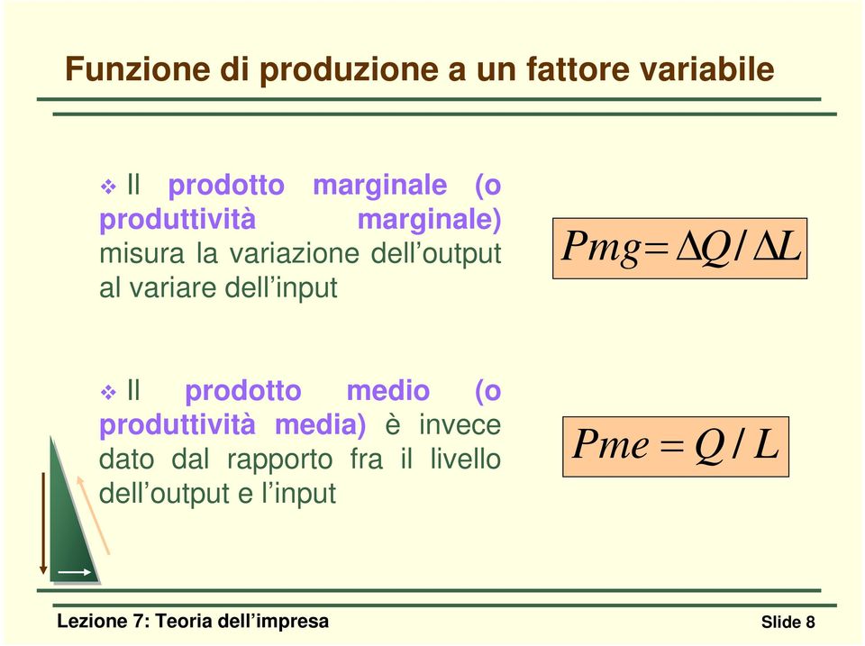 Pmg= ΔQ / ΔL Il prodotto medio (o produttività media) è invece dato dal