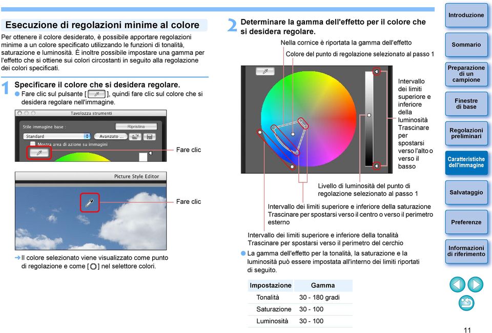 Specificare il colore che si desidera regolare. Fare clic sul pulsante [ ], quindi fare clic sul colore che si desidera regolare nell'immagine.