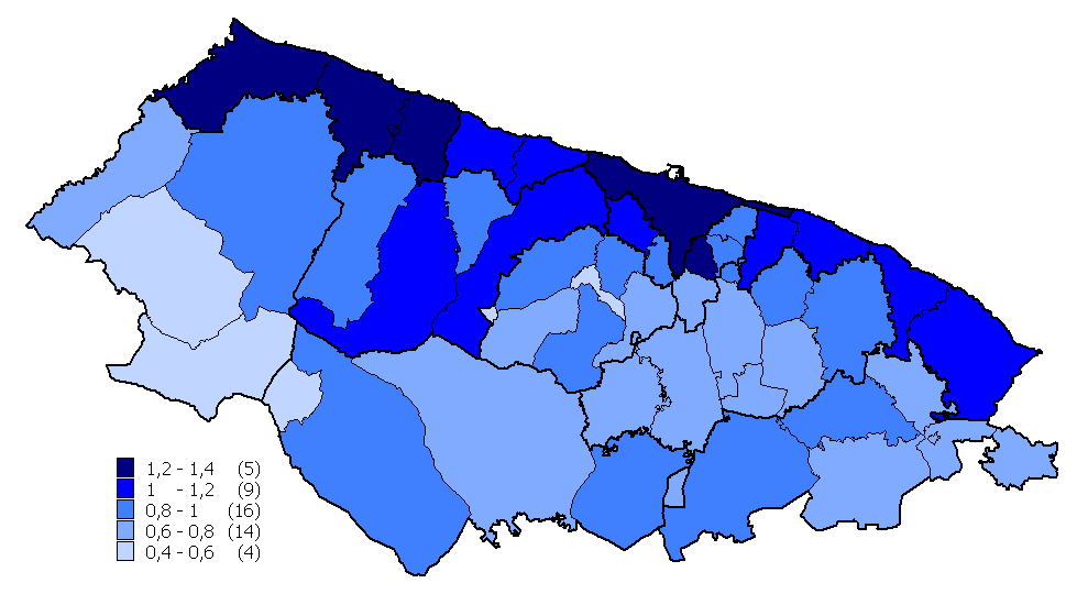 Figura 12: Mappa dei differenziali delle quotazioni medie comunali rispetto alla