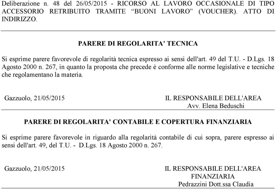 267, in quanto la proposta che precede è conforme alle norme legislative e tecniche che regolamentano la materia. Gazzuolo, 21/05/2015 IL RESPONSABILE DELL'AREA Avv.