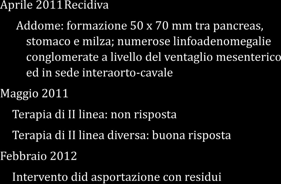 sede interaorto-cavale Maggio 2011 Terapia di II linea: non risposta Terapia di II