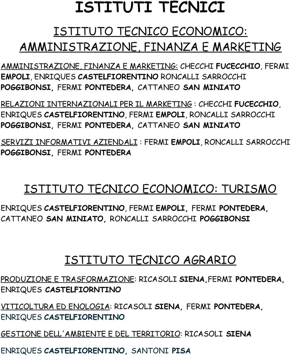 PONTEDERA, CATTANEO SAN MINIATO SERVIZI INFORMATIVI AZIENDALI : FERMI EMPOLI, RONCALLI SARROCCHI POGGIBONSI, FERMI PONTEDERA ISTITUTO TECNICO ECONOMICO: TURISMO ENRIQUES CASTELFIORENTINO, FERMI