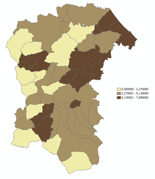 Figura 6 Elaborazione cartografica delle percentuali di superamento utilizzando tre classi di valori V. Celiera C.