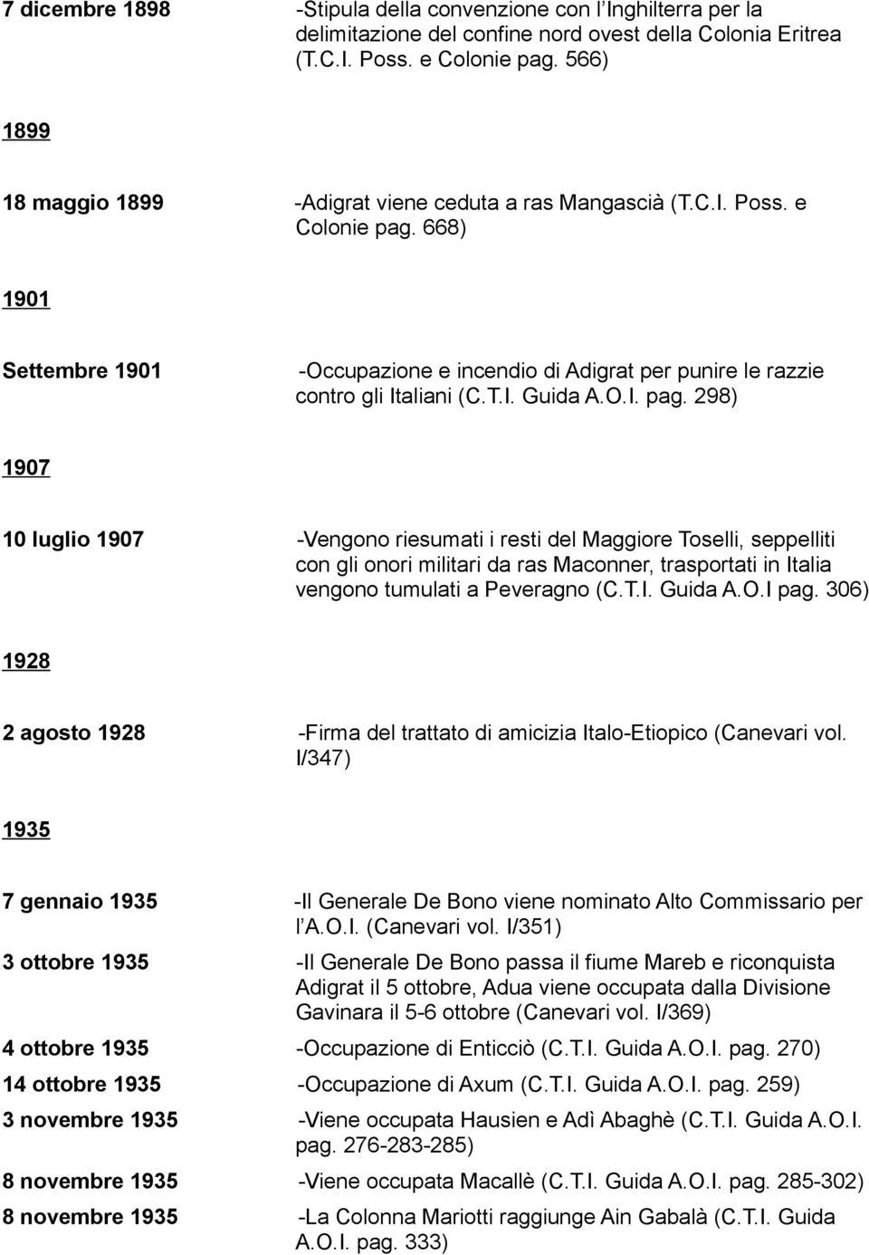 O.I. pag. 298) 1907 10 luglio 1907 -Vengono riesumati i resti del Maggiore Toselli, seppelliti con gli onori militari da ras Maconner, trasportati in Italia vengono tumulati a Peveragno (C.T.I. Guida A.