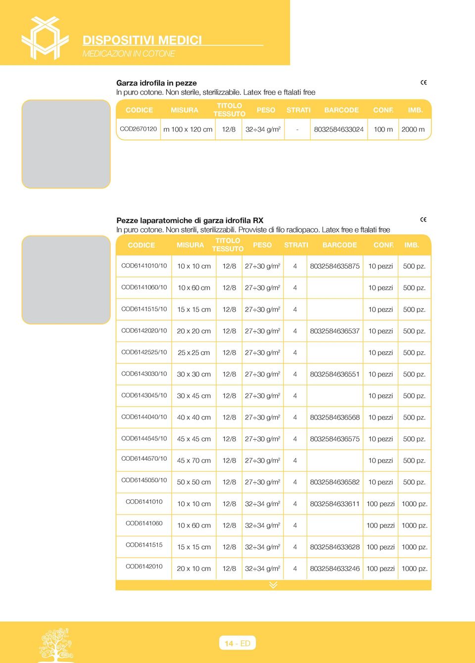 Non sterili, sterilizzabili. Provviste di filo radiopaco. Latex free e ftalati free CODICE MISURA PESO STRATI BARCODE COD6141010/10 10 x 10 cm 12/8 27 30 g/m 2 4 8032584635875 10 pezzi 500 pz.