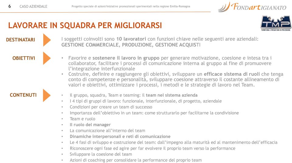 fine di promuovere l integrazione interfunzionale Costruire, definire e raggiungere gli obiettivi, sviluppare un efficace sistema di ruoli che tenga conto di competenze e personalità, sviluppare