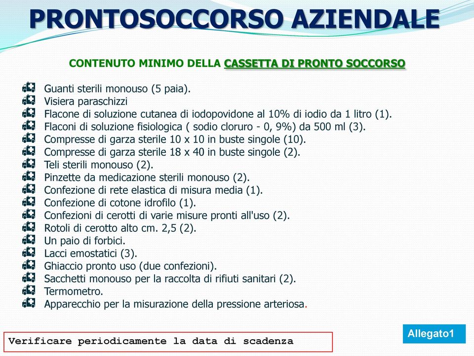 Compresse di garza sterile 10 x 10 in buste singole (10). Compresse di garza sterile 18 x 40 in buste singole (2). Teli sterili monouso (2). Pinzette da medicazione sterili monouso (2).