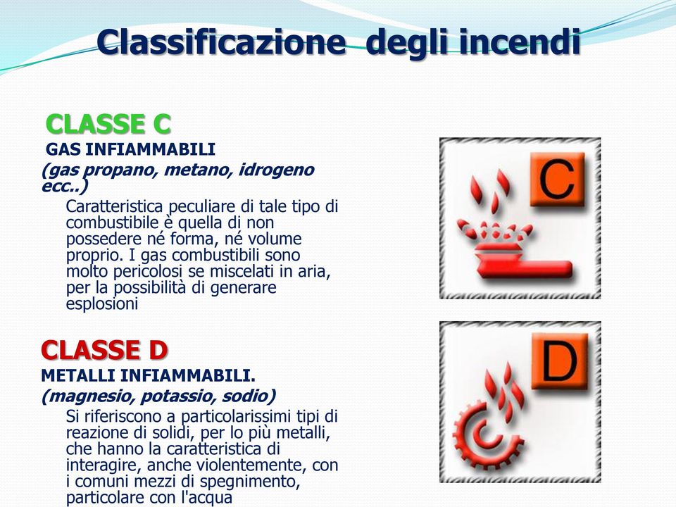 interagire, anche violentemente, con i comuni mezzi di spegnimento, particolare con l'acqua Classificazione degli incendi CLASSE C GAS