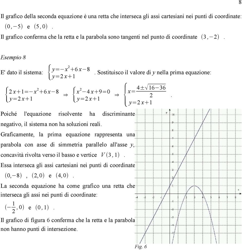 Esempio 8 E' dato il sistema: y= x 6 x 8 y= x 1 x 1= x 6 x 8 y= x 1 x 4 x 9=0 y= x 1 Poiché l'equazione risolvente ha discriminante negativo, il sistema non ha soluzioni reali.