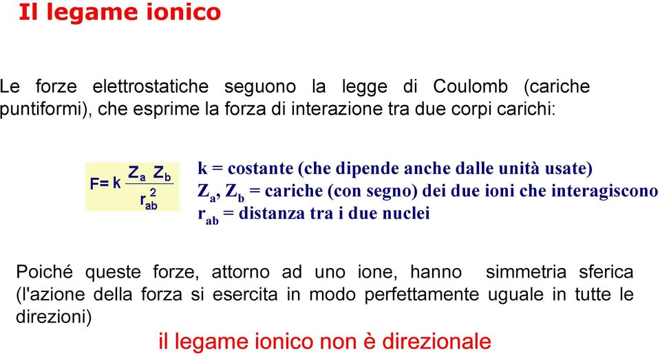 due ioni che interagiscono r ab = distanza tra i due nuclei Poiché queste forze, attorno ad uno ione, hanno simmetria