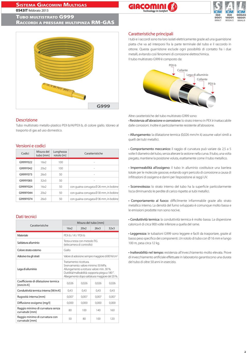 Il tubo multistrato G999 è composto da: PEX-b Collante Lega di alluminio Collante PEX-b G999 Descrizione Tubo multistrato metallo-plastico PEX-b/Al/PEX-b, di colore giallo.