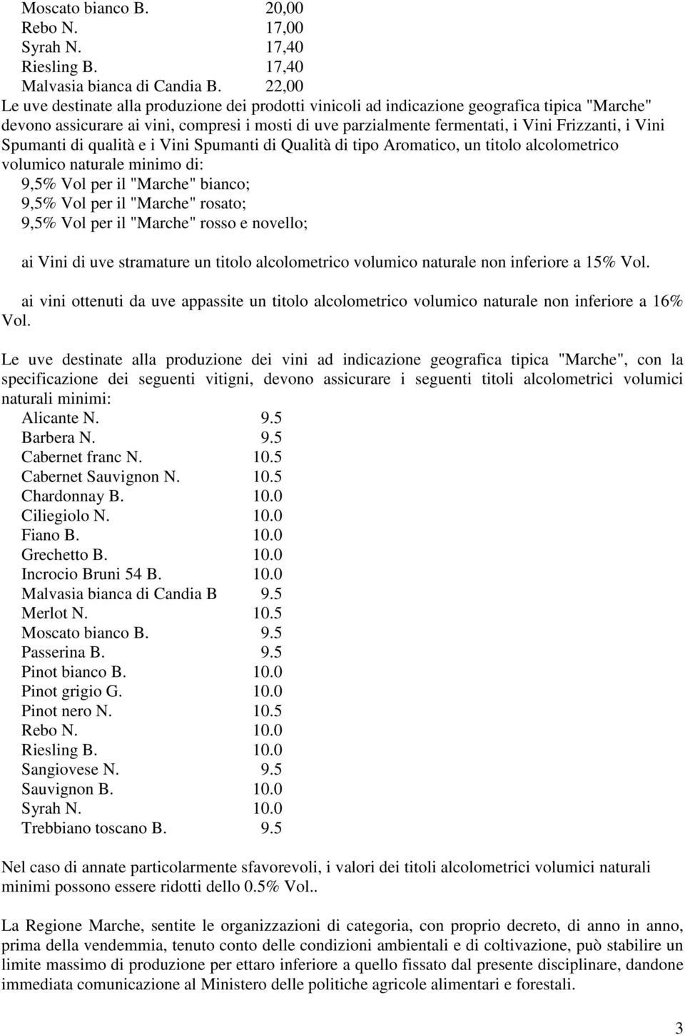 Vini Spumanti di qualità e i Vini Spumanti di Qualità di tipo Aromatico, un titolo alcolometrico volumico naturale minimo di: 9,5% Vol per il "Marche" bianco; 9,5% Vol per il "Marche" rosato; 9,5%