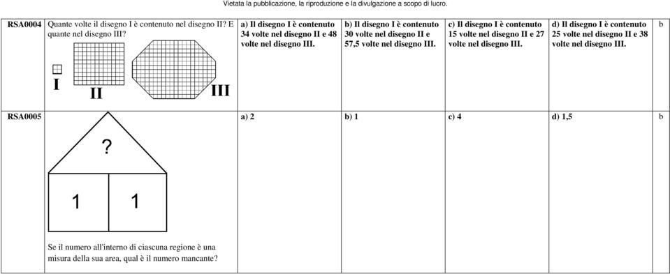 b) Il disegno I è contenuto 30 volte nel disegno II e 57,5 volte nel disegno III.