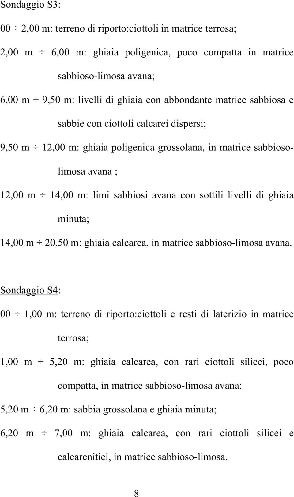 livelli di ghiaia minuta; 14,00 m 20,50 m: ghiaia calcarea, in matrice sabbioso-limosa avana.