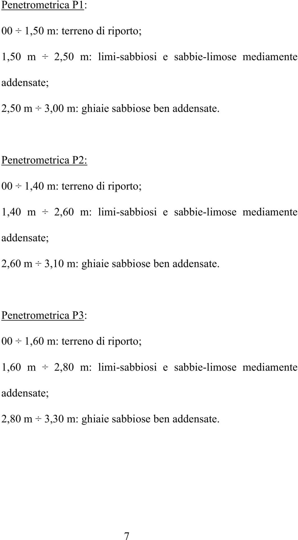 Penetrometrica P2: 00 1,40 m: terreno di riporto; 1,40 m 2,60 m: limi-sabbiosi e sabbie-limose mediamente addensate; 2,60