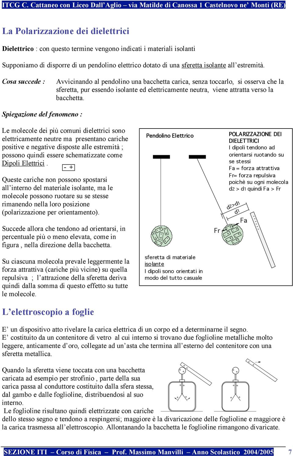 Spiegazione del fenomeno : Le molecole dei più comuni dielettrici sono elettricamente neutre ma presentano cariche positive e negative disposte alle estremità ; possono quindi essere schematizzate