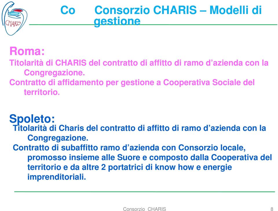 Spoleto: Titolarità di Charis del contratto di affitto di ramo d azienda con la Congregazione.