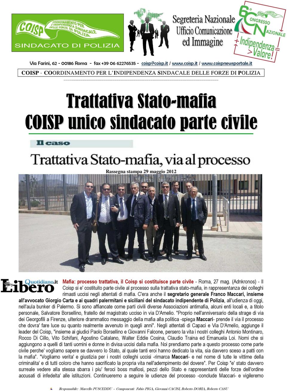 Coisp si costituisce parte civile - Roma, 27 mag.