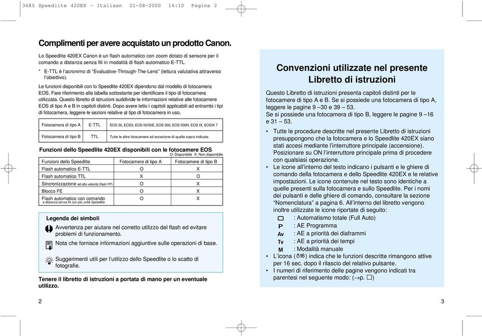 * E-TTL è l acronimo di Evaluative-Through-The-Lens (lettura valutativa attraverso l obiettivo). Le funzioni disponibili con lo Speedlite 420EX dipendono dal modello di fotocamera EOS.