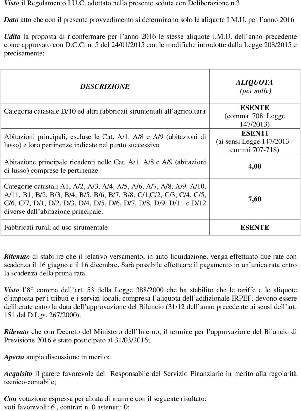 5 del 24/01/2015 con le modifiche introdotte dalla Legge 208/2015 e precisamente: DESCRIZIONE Categoria catastale D/10 ed altri fabbricati strumentali all agricoltura Abitazioni principali, escluse