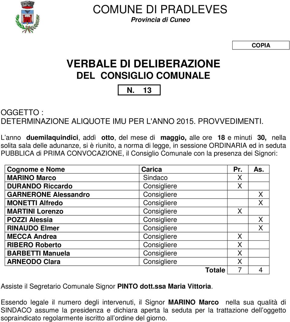 CONVOCAZIONE, il Consiglio Comunale con la presenza dei Signori: Cognome e Nome Carica Pr. As.