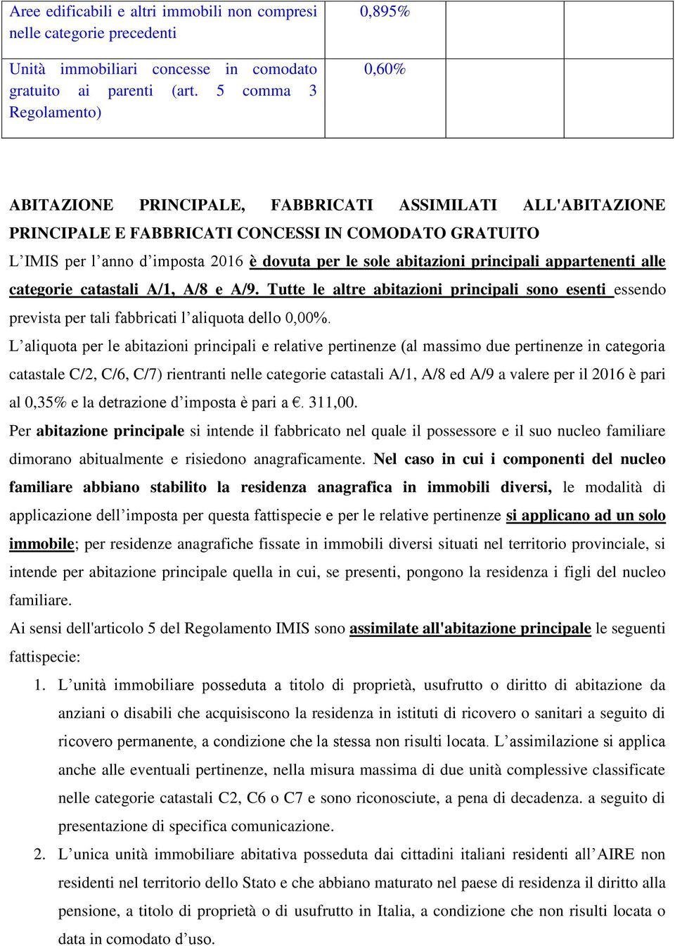 sole abitazioni principali appartenenti alle categorie catastali A/1, A/8 e A/9. Tutte le altre abitazioni principali sono esenti essendo prevista per tali fabbricati l aliquota dello 0,00%.