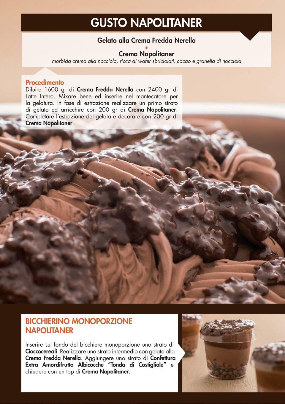 Completare l estrazione del gelato e decorare con 200 gr di Crema Napolitaner. BICCHIERINO MONOPORZIONE NAPOLITANER Inserire sul fondo del bicchiere monoporzione uno strato di Cioccocereali.