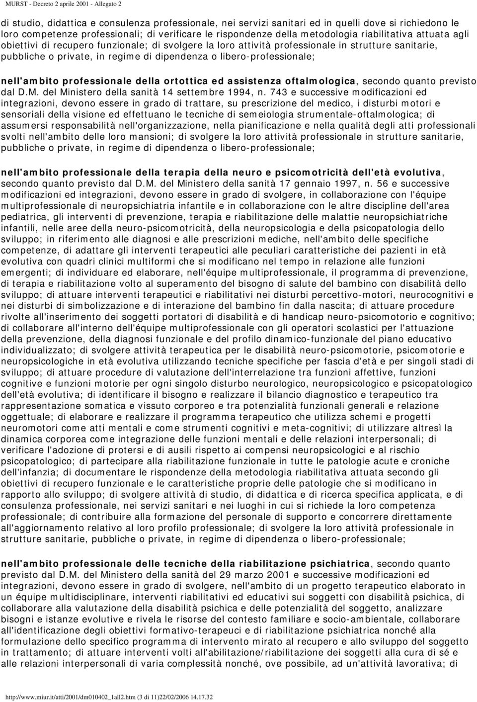 dipendenza o libero-professionale; nell'ambito professionale della ortottica ed assistenza oftalmologica, secondo quanto previsto dal D.M. del Ministero della sanità 14 settembre 1994, n.