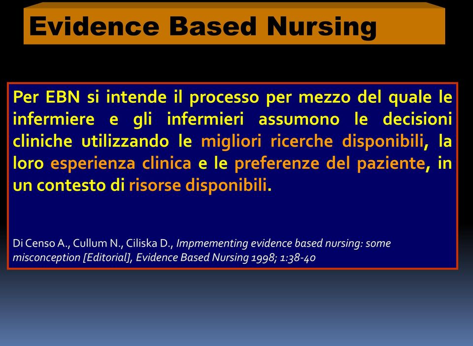 e le preferenze del paziente, in un contesto di risorse disponibili. Di Censo A., Cullum N., Ciliska D.