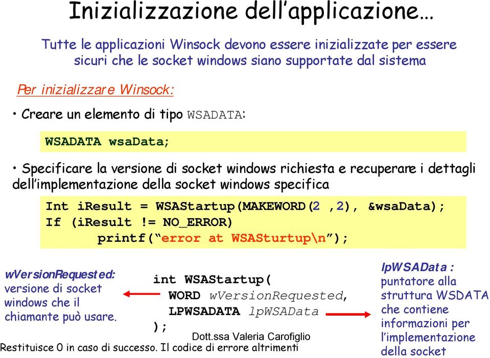 WSAStartup(MAKEWORD(2,2), &wsadata); If (iresult!= NO_ERROR) printf( error at WSASturtup\n ); wversionrequested: versione di socket windows che il chiamante può usare.